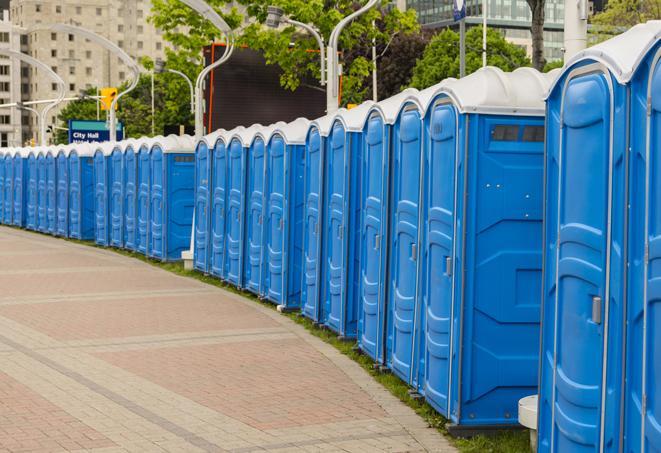 a row of portable restrooms at a fairground, offering visitors a clean and hassle-free experience in fallbranch